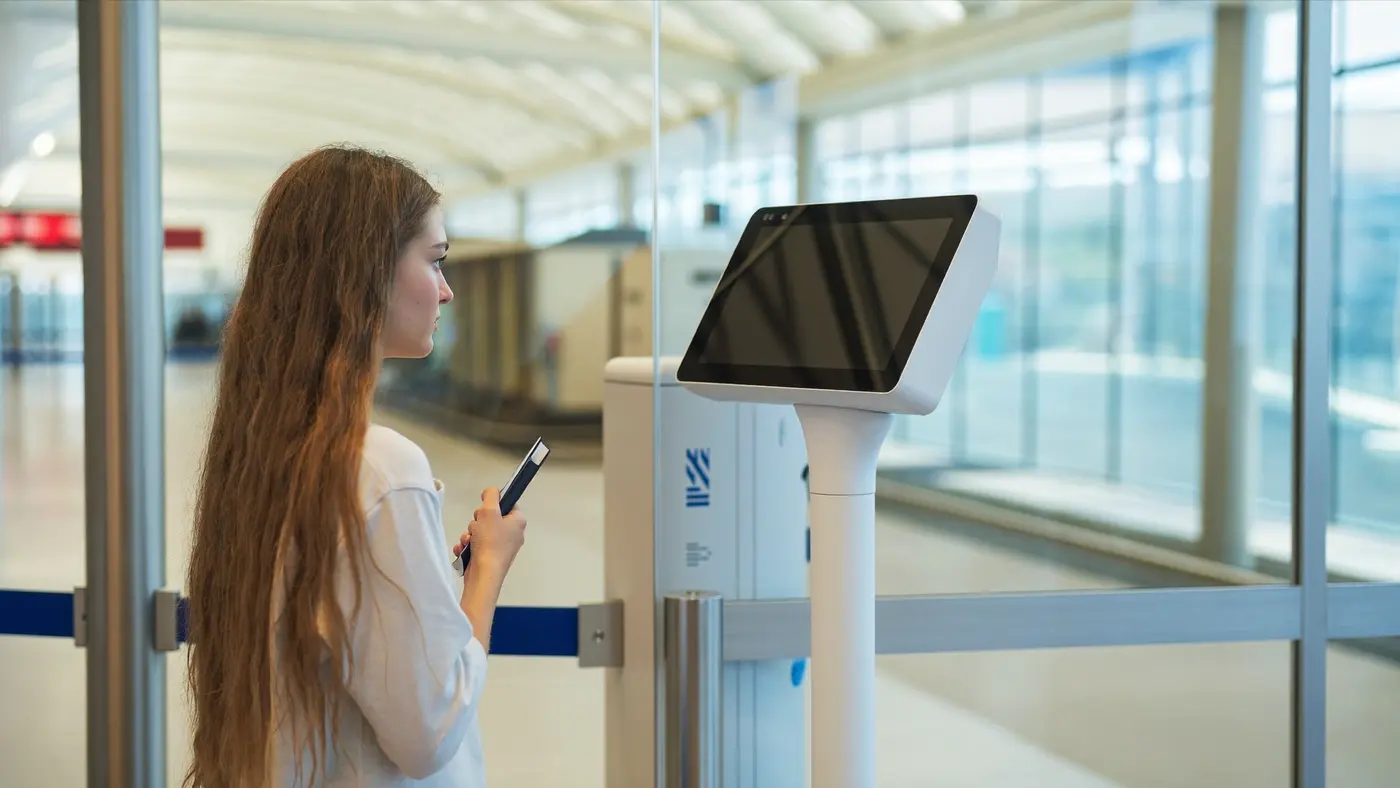 Cestující drží pas u automatické hraniční brány ve světlé moderní letištní hale