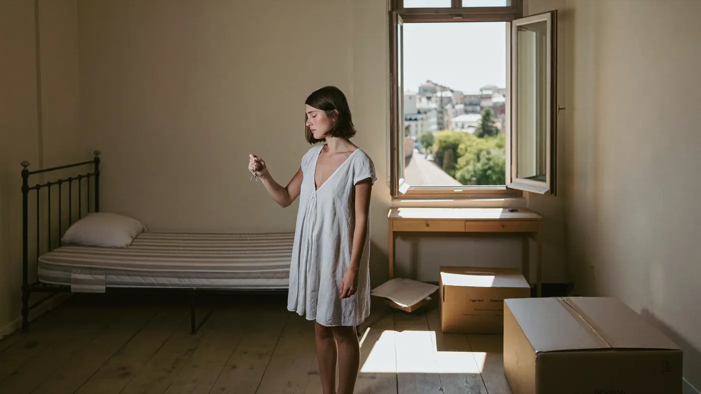 Studentka stojí s klíčem v ruce v prázdném pronajatém pokoji, sluneční světlo leží na podlaze