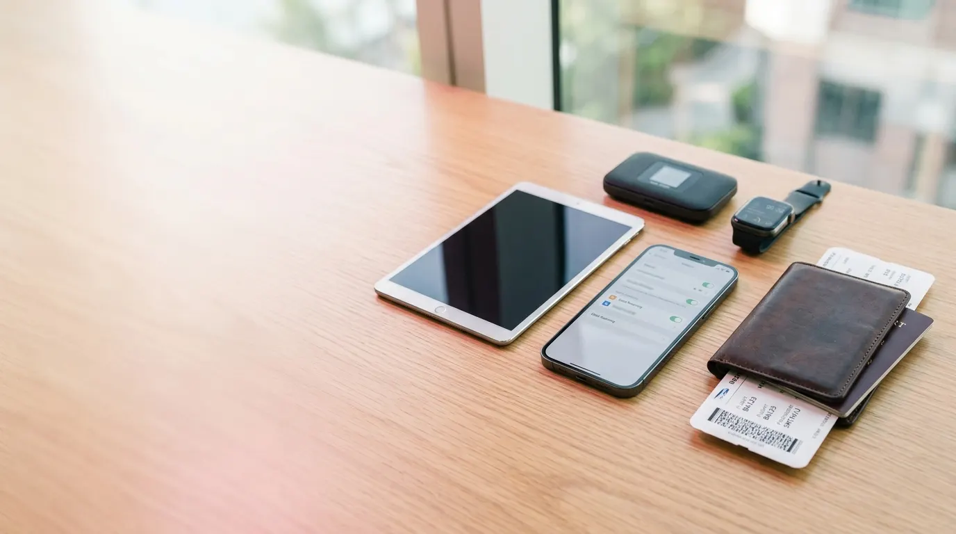 A traveler's Devices Laid out before a Trip — Phone, Tablet, Hotspot and Smartwatch beside a Passport and Boarding Pass