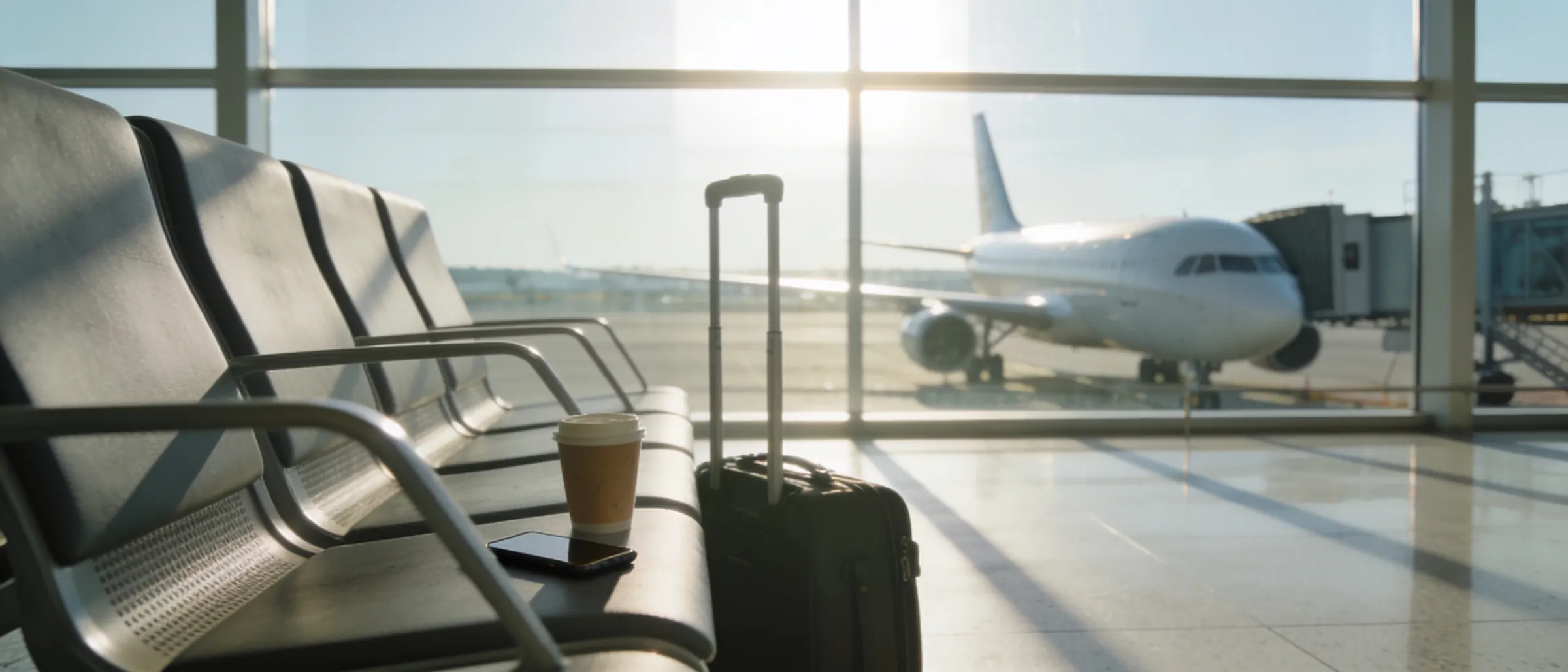 An empty airport departure gate at sunrise, a phone and a cabin bag on the seats and an aircraft waiting beyond the glass
