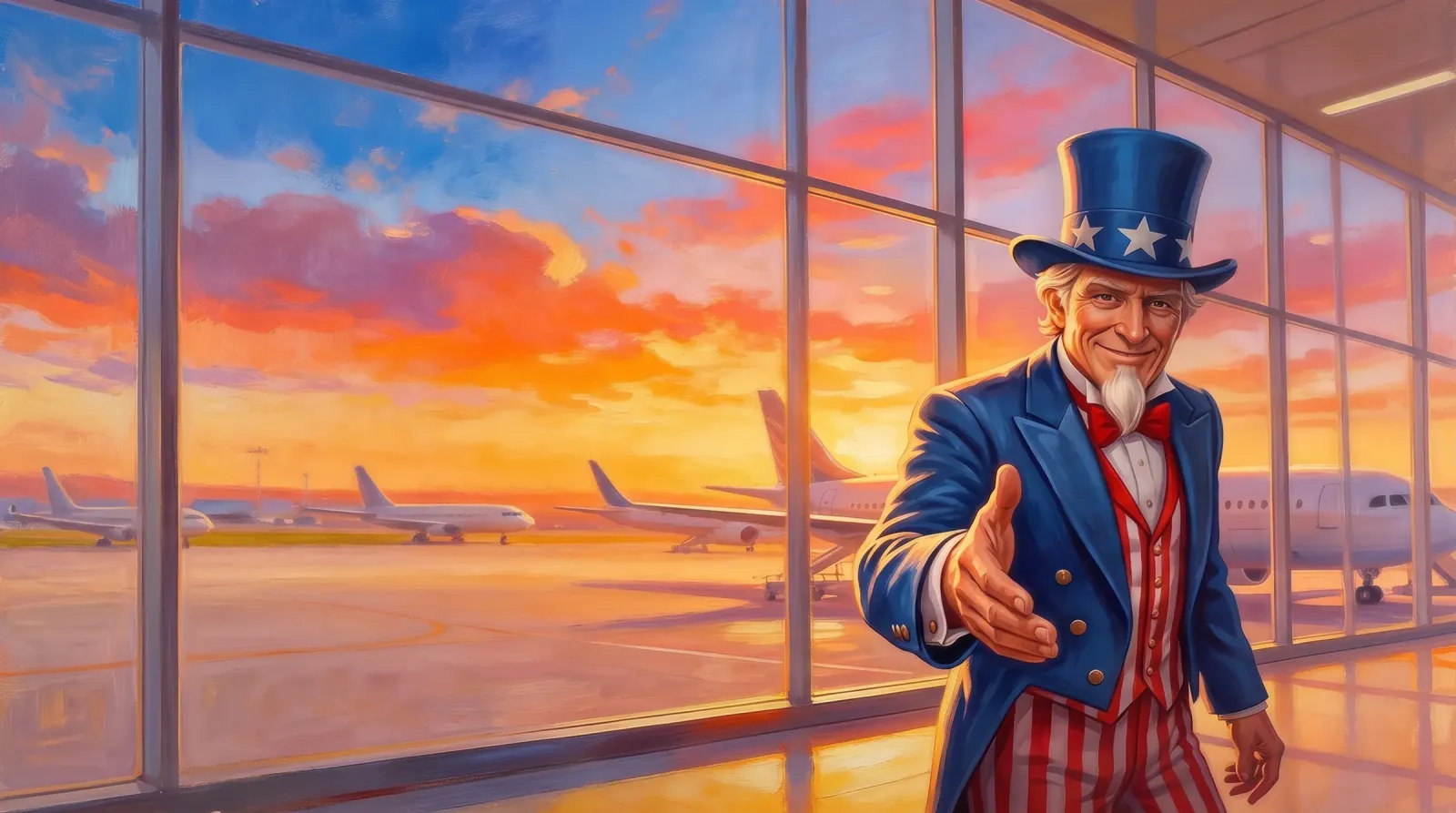 Una Figura al Estilo de un Cartel de Reclutamiento Tiende la Mano en una Terminal de Aeropuerto al Atardecer