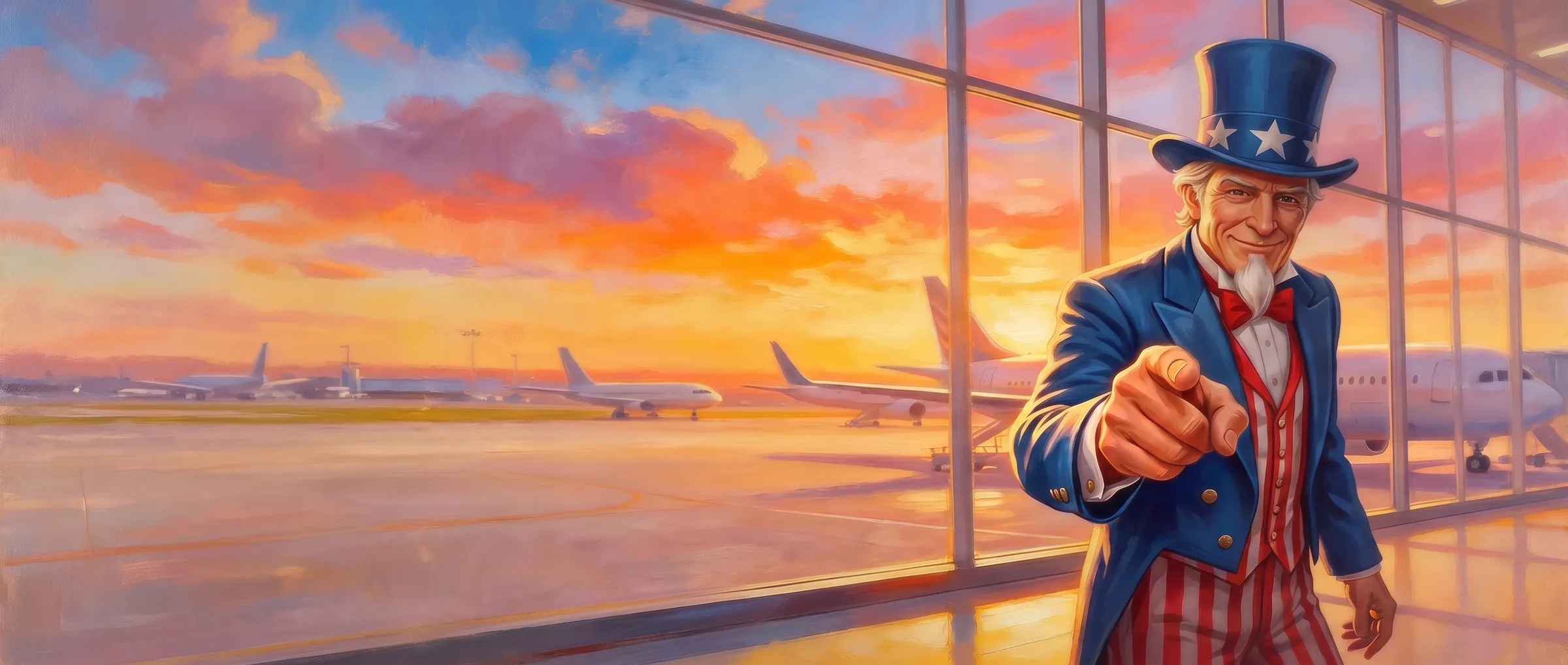 An Uncle Sam Figure Pointing at the Viewer in an Airport Terminal at Sunset