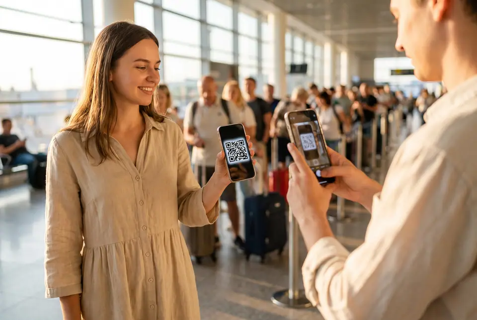 U Gate Spolucestující Skenuje QR Kód na Jejím Telefonu
