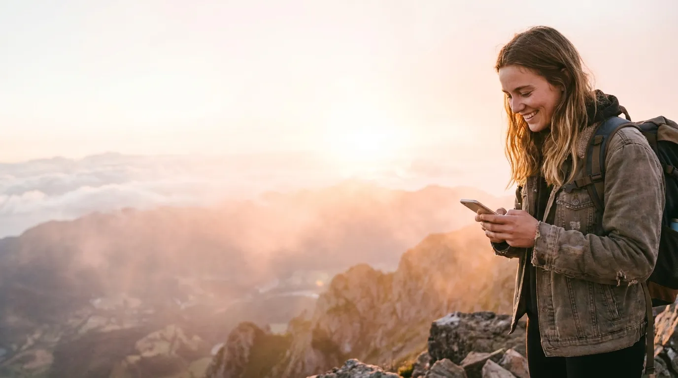 A traveler outdoors checking mobile data on a phone connected through an eSIM